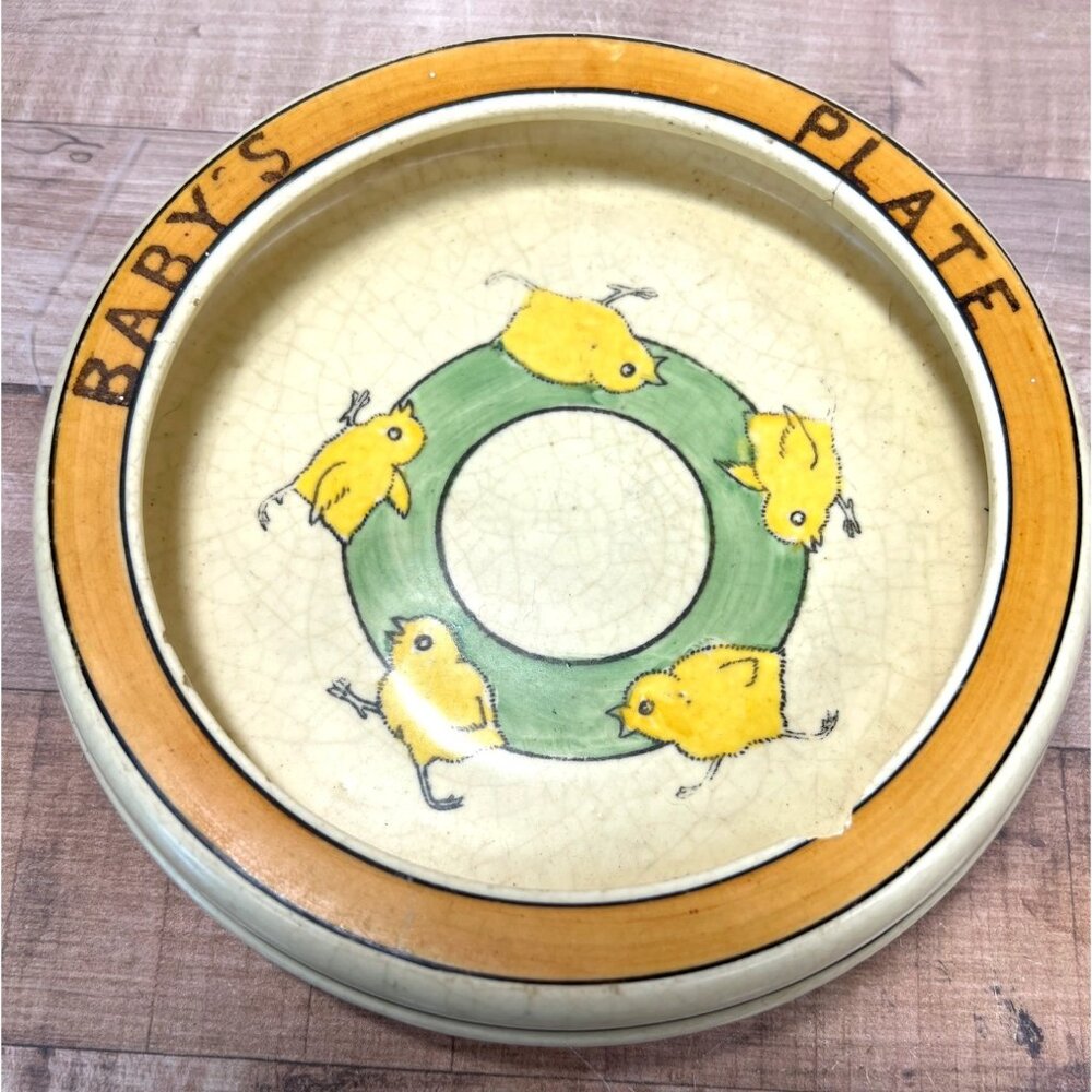 Vintage Roseville Pottery Babys Plate With Chicks Design